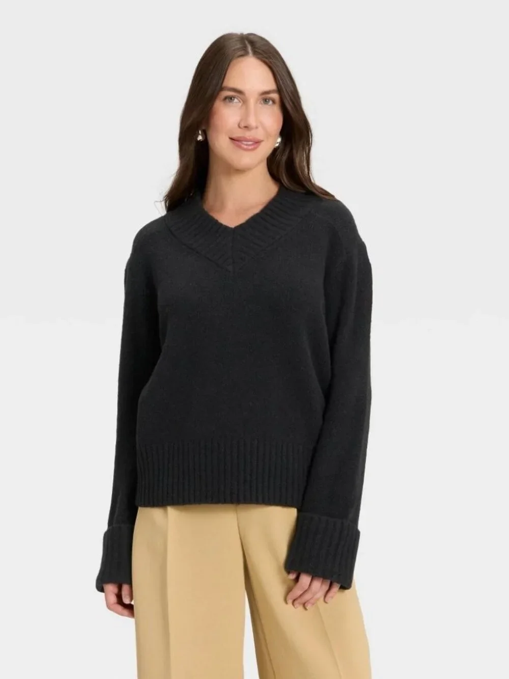 Women's Long Sleeve V-Neck Cozy Knit Boxy Pullover Sweater - a New Day™ Black L